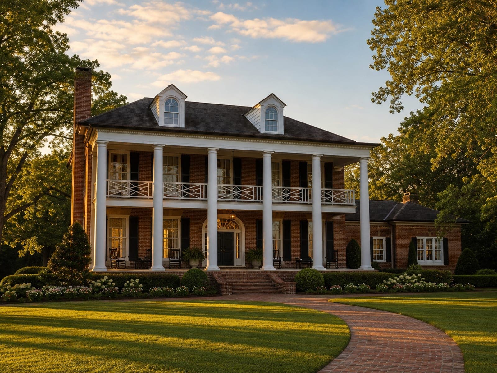 A two-story Southern brick home with white columns and a wide front porch